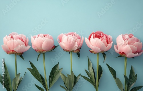 Blossoming peonies arranged on a blue background in a beautiful floral display