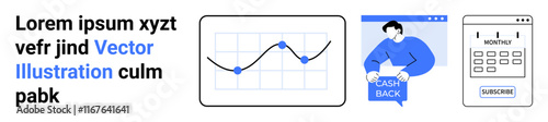 Chart with data points, person holding cashback sign, subscription calendar. Ideal for marketing, business, finance, web design, e-commerce, analytics, app development. Landing page