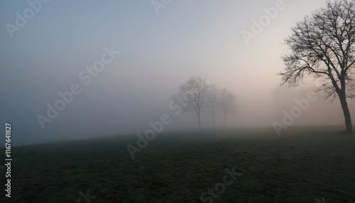 Bare trees disappearing into the fog on a cold winter morning