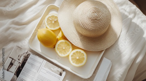 Sunshine vibes with a straw hat and fresh lemon slices on a stylish table