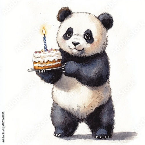 Cute panda holding a birthday cake with a candle in a festive setting