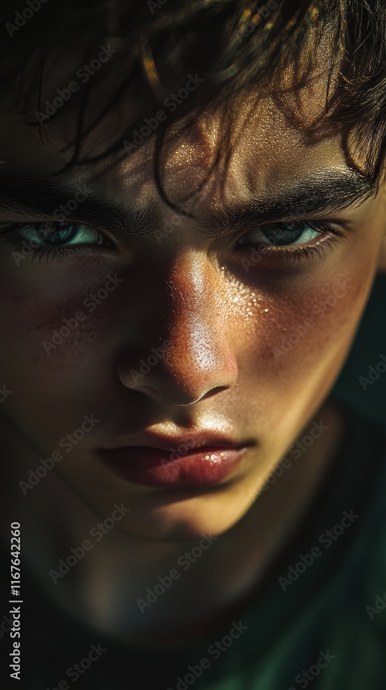 Fototapeta premium A young boy gazes intensely with focused eyes and defined features, his face partially illuminated by soft light, highlighting his strong expression and mood