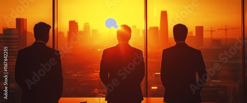Business professionals observing sunset over city skyline during evening meeting