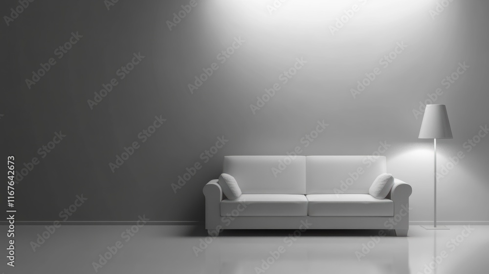 A spacious living room showcases a contemporary white sofa positioned against a light gray wall. A sleek lamp softly illuminates the area, enhancing the minimalist aesthetic A spacious living room showcases a contemporary white sofa positioned against a light gray wall. A sleek lamp softly illuminates the area, enhancing the minimalist aesthetic
