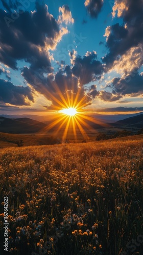 Stunning sunset over rolling hills with vibrant clouds and flowers illuminate...