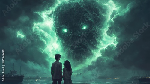 A mystical scene depicting two figures gazing at a giant, ominous face in the clouds.