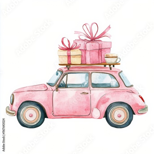 Cute pink car with gifts on top perfect for celebrations and festive occasions