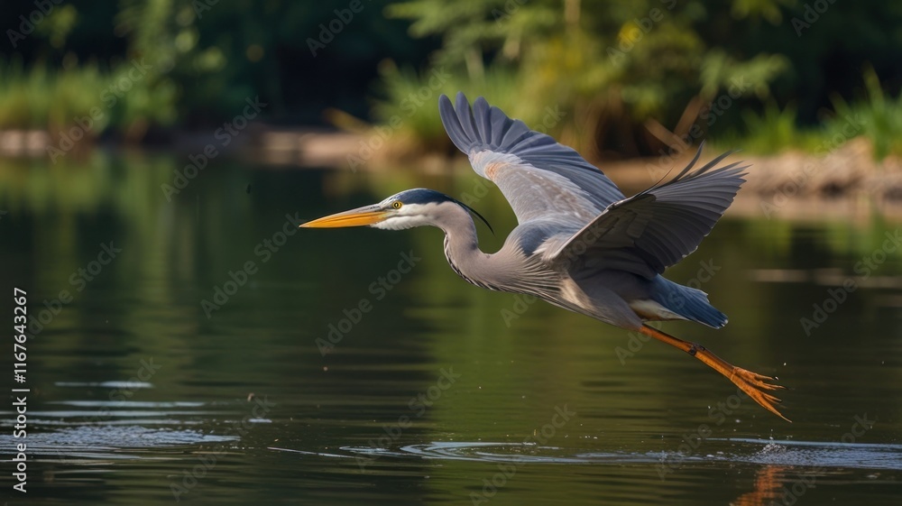 Grey heron in flight over tranquil pond. Grey heron in flight over tranquil pond.
