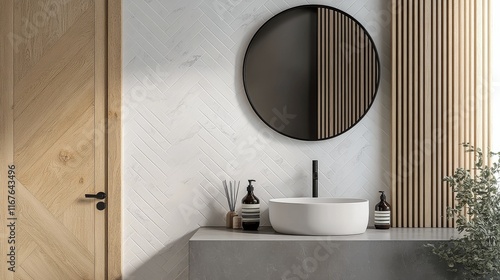 Modern bathroom design featuring a sleek basin and elegant mirror with wooden...