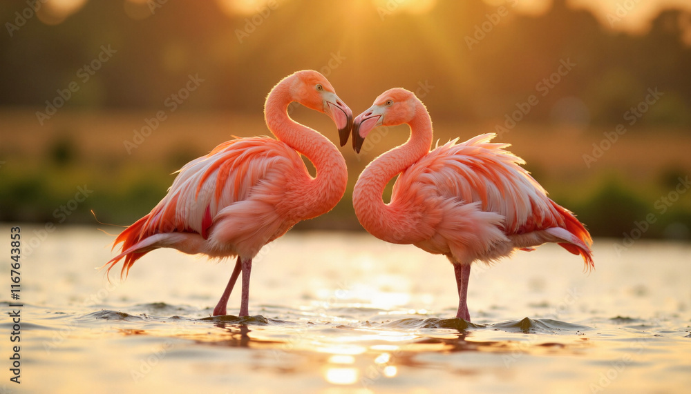 Fototapeta premium Intimate flamingo love dance at twilight, nature's romance