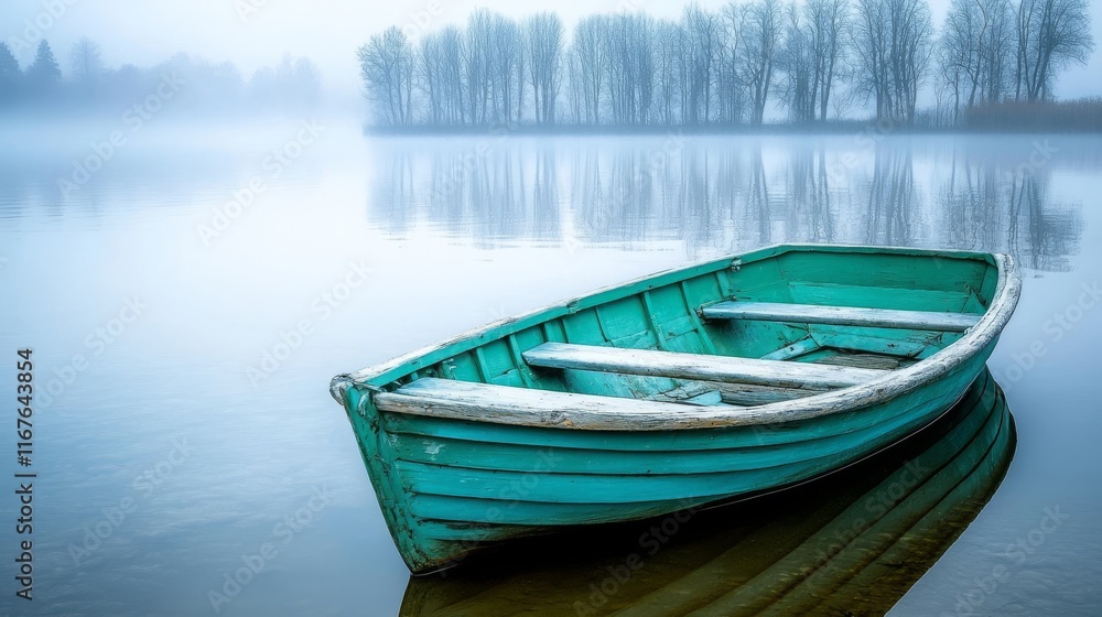 Naklejka premium Boat in Foggy Lake