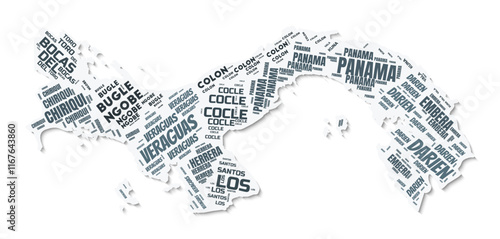 Panama shape text cloud. Country border with shadow on white background. Panama with regions division in vintage gazette style. Creative vector illustration.