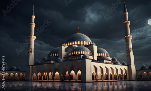 Beautiful mosque illuminated at night with dramatic clouds and moon photo