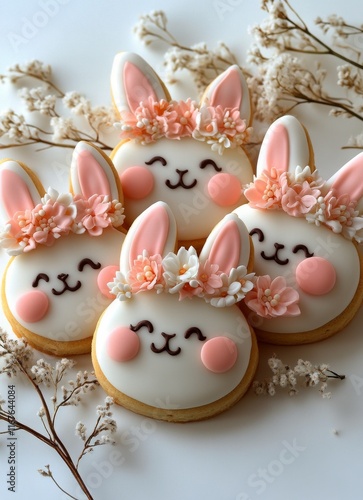Cute bunny cookies decorated with flowers and pastel colors for special occas...