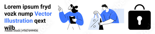 Wallpaper Mural Woman pointing while holding a clipboard, man carrying a shopping bag, padlock. Ideal for business presentations, security concepts, e-commerce, teamwork, data protection, communication modern Torontodigital.ca