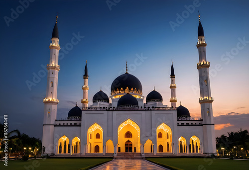 Beautiful white mosque building glowing at twilight photo