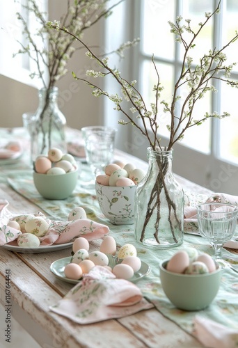 Elegant spring table setting with pastel decorations and blooming branches fo...