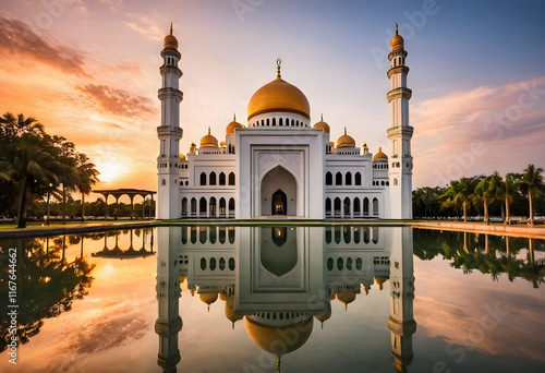 Omar ali saifuddien mosque reflecting in water at sunset photo