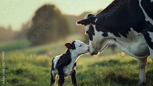 Holstein cow gently cleans her newborn calf and strengthens their bond in a serene landscape
