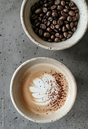 Beautifully crafted coffee and roasted beans on a textured surface