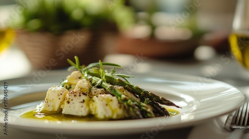 Freshly cooked asparagus drizzled with olive oil on rustic wooden table