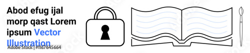Lock next to an open book and a pen to the right, representing security, knowledge, and communication. Ideal for educational content, privacy, publishing, writing research digital security. Landing