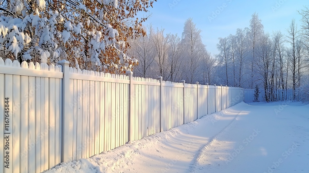 White picket fence in a snowy winter landscape. Sunlight casts shadows on the pristine snow. White picket fence in a snowy winter landscape. Sunlight casts shadows on the pristine snow.