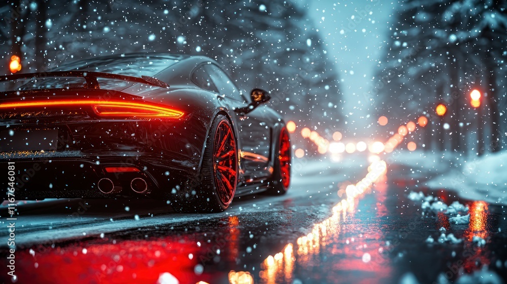 Fototapeta premium Black sports car driving on snowy road at night.