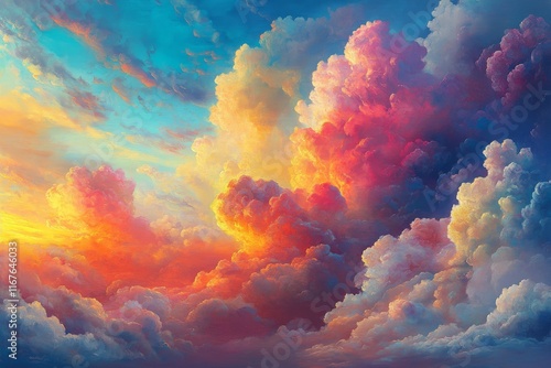 Vibrant sunset clouds painted in shades of orange, pink, and blue over a sere...