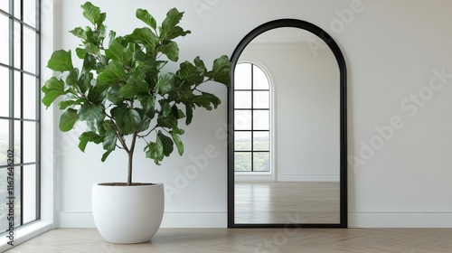 Modern interior featuring a tall plant and a sleek mirror in a bright, minima...
