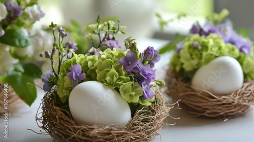 Beautiful floral arrangements with eggs in nests for spring celebration decor