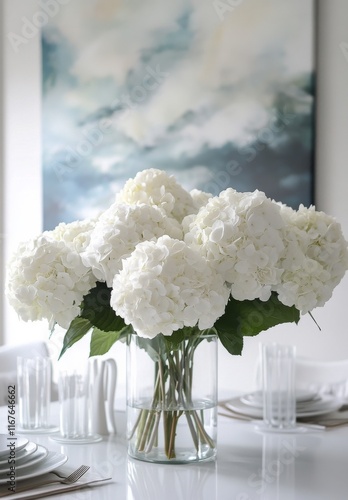 Elegant white hydrangeas in a glass vase on a modern dining table with serene...