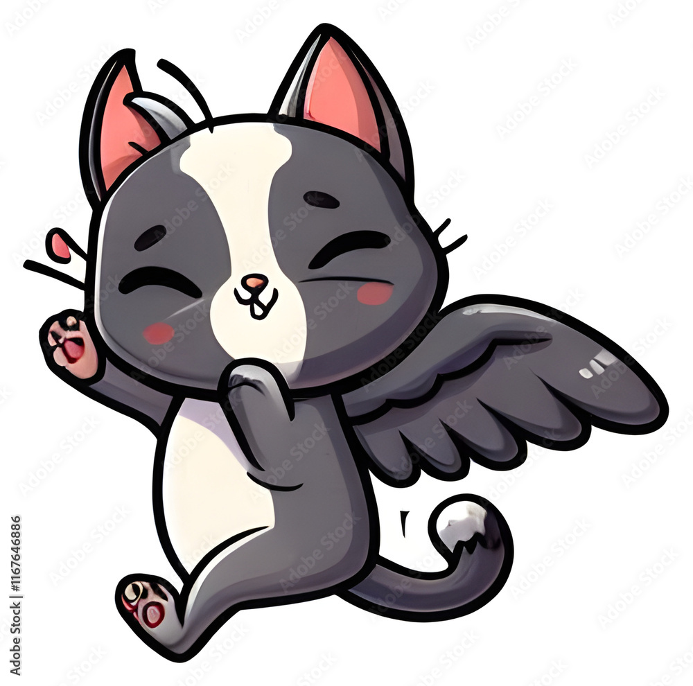 Cute cartoon cat with angel wings flying and smiling Cute cartoon cat with angel wings flying and smiling