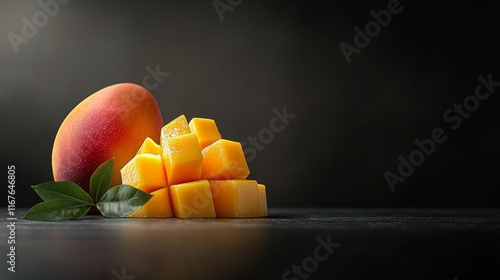Bright yellow mango cubes are artistically arranged with fresh green leaves o...