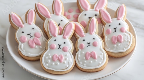 Cute bunny cookies decorated with white and pink icing. This is an ideal choice for themes related to Easter, children's parties and spring treats. photo