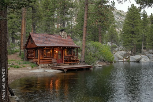 Rustic cabin by a serene lake surrounded by tall trees in a tranquil woodland...