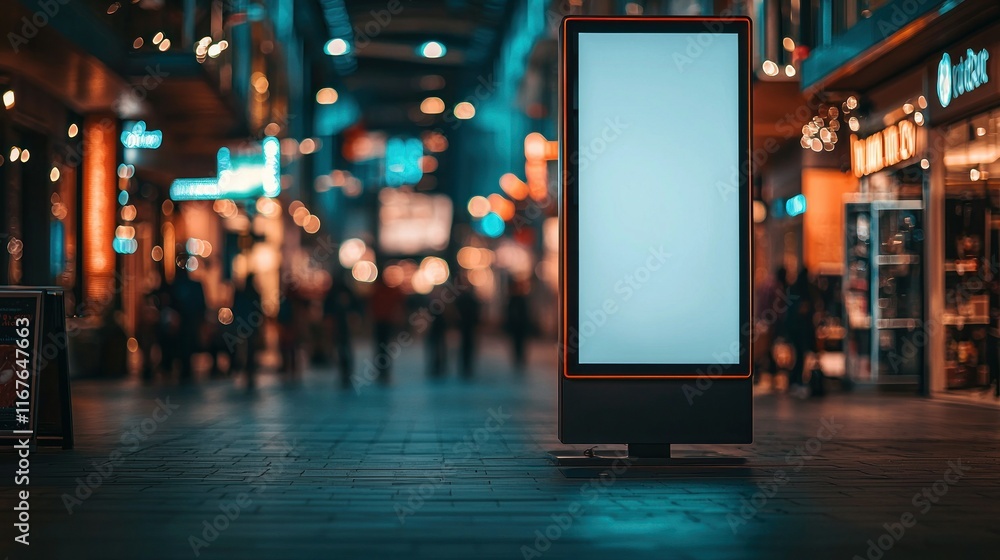 Blank billboard in busy mall at night, shoppers blurred. Blank billboard in busy mall at night, shoppers blurred.