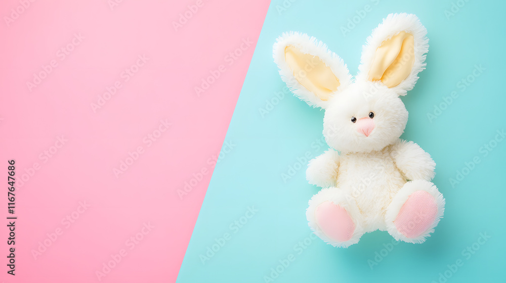 Bright and playful children’s toys on a pastel background, flat lay, copy space, easter bunny Bright and playful children’s toys on a pastel background, flat lay, copy space, easter bunny