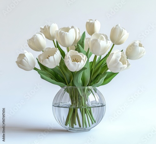Beautiful white tulips arranged in a clear glass vase on a light background