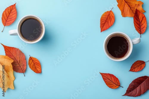 Two cups of coffee surrounded by colorful autumn leaves on a light blue backg...
