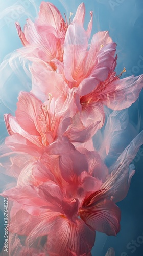 Soft pastel flowers in a serene garden illuminated by gentle sunlight during ...