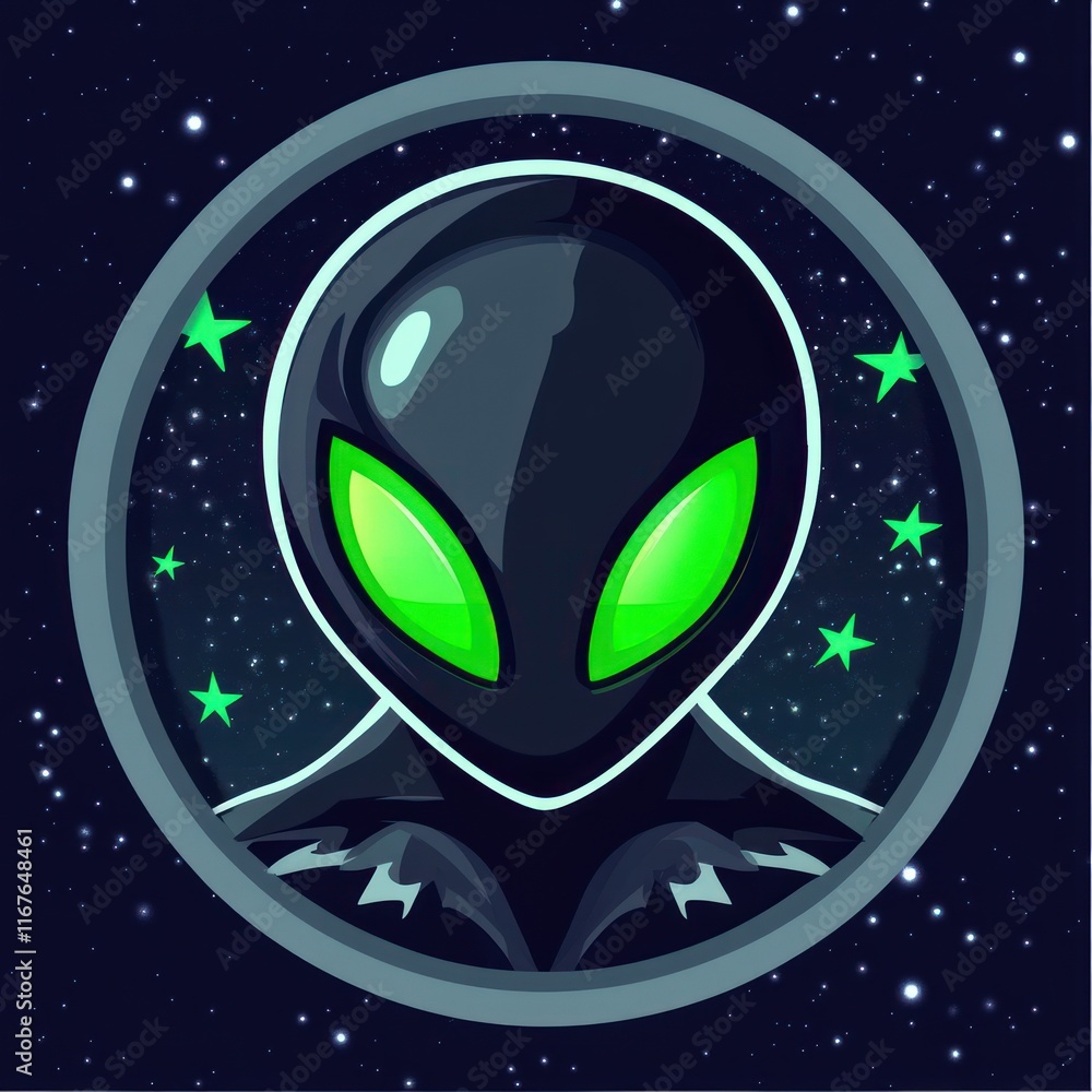 Fototapeta premium A stylized alien character with green eyes set against a starry background.