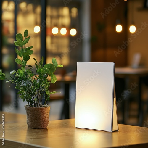 Cozy indoor space with a decorative lamp and green plant on a wooden table du...
