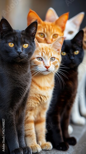 Cats of varying colors pose together in a close-up group setting