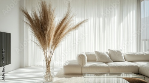 Elegant living room decor featuring dried pampas grass in a glass vase