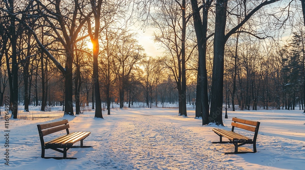 Two empty benches in a snow-covered park at sunset, with warm sunlight filtering through the trees. Two empty benches in a snow-covered park at sunset, with warm sunlight filtering through the trees.