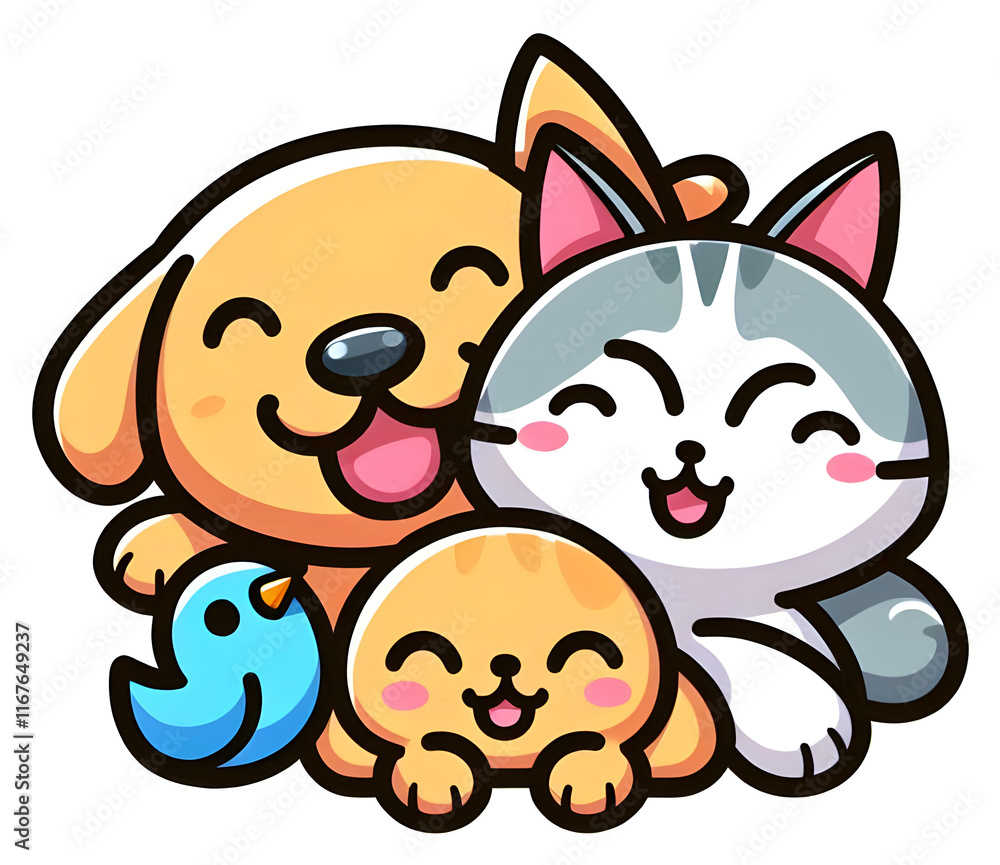 Fototapeta premium Happy cat and dog smiling with a little bird