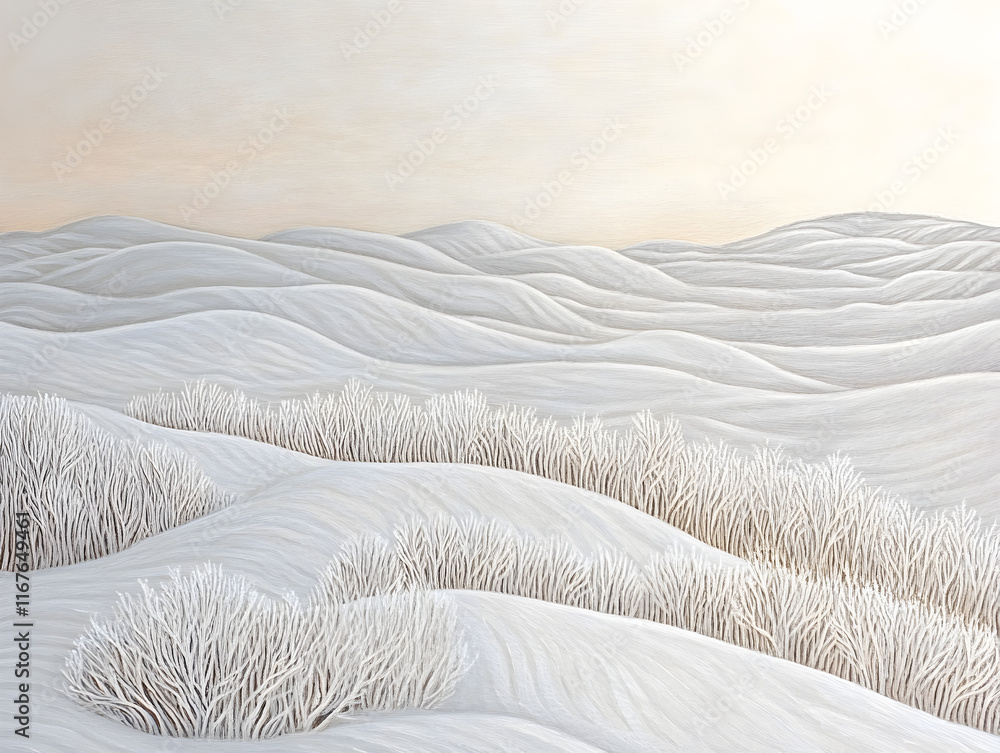 Fototapeta premium Frost-Covered Shrubs in a Winter Snowfield