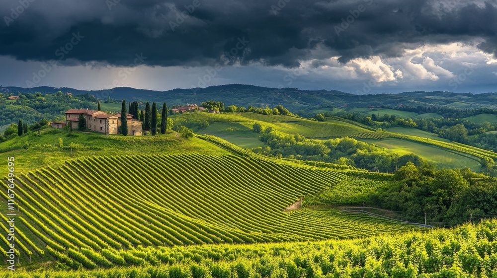 Fototapeta premium Lush Vineyard Under Overcast Sky