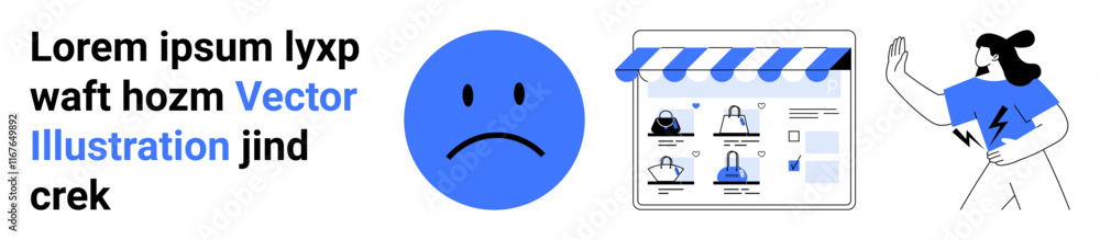 Fototapeta premium Sad face next to webpage showing online store with products and woman receiving alert notification. Ideal for e-commerce, online shopping dissatisfaction, customer feedback, digital marketing, user